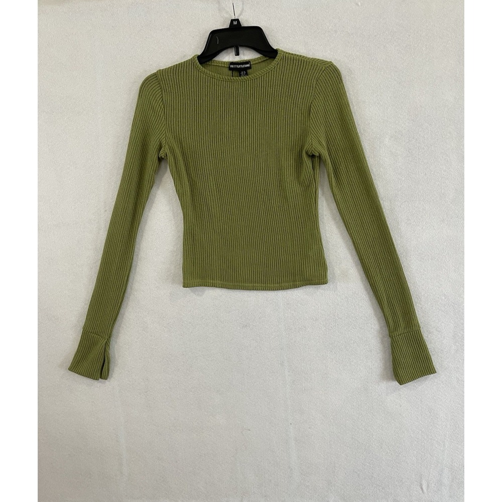 PRETTYLITTLETHING Khaki Sheer Soft Rib‎ Longine Flared Sleeve Top Layer 6 Green